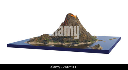 La lave du volcan en éruption, la section Modèle de l'île avec le volcanisme isolé sur fond blanc Banque D'Images