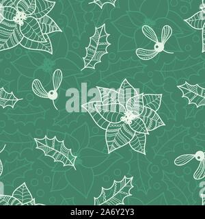 Beau motif de noël avec Noël étoile, le gui et le houx Feuilles. Les éléments dessinés à la main, créatif et élégant, idéal pour les impressions de Noël, Illustration de Vecteur