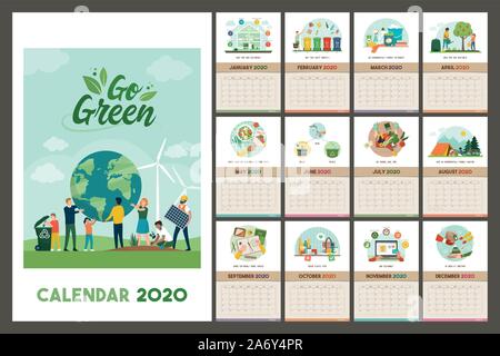 Calendrier mural 2020 Go Green avec eco friendly trucs et conseils pour un développement durable déchets zéro vivant, planificateur de grille avec la texture du papier recyclé Illustration de Vecteur