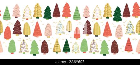 Vecteur Seamless border les arbres de Noël. Gold foil hand drawn doodle arbres. Arrière-plan de vacances de décoration. Vacances d'hiver pour design élégant Illustration de Vecteur