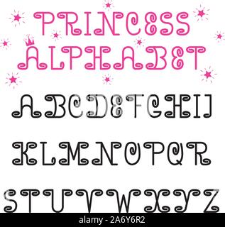Vecteur princesse font de l'alphabet. Boucles mignonnes avec des lettres en anglais. Pour les filles, pour les enfants, pour les mères, pour les cartes, albums, Illustration de Vecteur