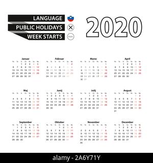 Calendrier 2020 en langue slovène, la semaine commence le lundi. Calendrier de l'année 2020 Vector. Illustration de Vecteur