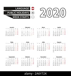 Calendrier 2020 en langue lettone, la semaine commence le lundi. Calendrier de l'année 2020 Vector. Illustration de Vecteur