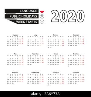 Calendrier 2020 en langue polonaise, la semaine commence le lundi. Calendrier de l'année 2020 Vector. Illustration de Vecteur