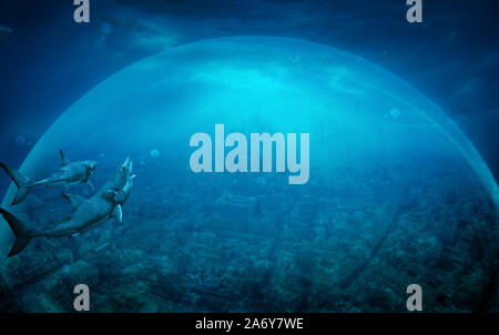 Vieille ville royaume sous la mer entouré de barrière de verre. Thème Atlantis concept. Banque D'Images
