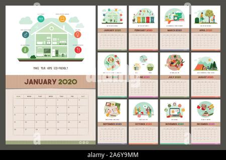 Calendrier mural 2020 Go Green avec eco friendly trucs et conseils pour un développement durable déchets zéro vivant, planificateur de grille avec la texture du papier recyclé Illustration de Vecteur