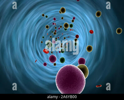 La drogue à l'intérieur du vaisseau sanguin, l'insuline et les leucocytes à l'intérieur du vaisseau sanguin, de haute qualité de rendu 3D de cellules du sang, pulsant de l'artère vers le bas Banque D'Images
