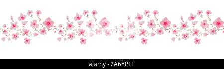 Vue panoramique avec motif transparent cherry blossom branch, floral aquarelle illustration isolé sur fond blanc Banque D'Images