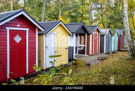 Beach Cottages dans les arbres derrière le sable à Ystad, en Suède. Banque D'Images