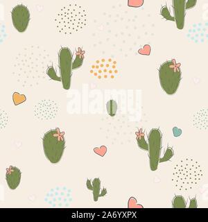 Avec motif transparent Cute green cactus, regroupées et des points cœurs sur du papier blanc arrière-plan. Vector Illustration Illustration de Vecteur