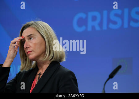 Bruxelles, Belgique. 29 Oct, 2019. Federica Mogherini Commissaire de l'Union européenne assiste à une conférence de presse après la Conférence de solidarité sur la crise des réfugiés et des migrants vénézuélien. Credit : ALEXANDROS MICHAILIDIS/Alamy Live News Banque D'Images