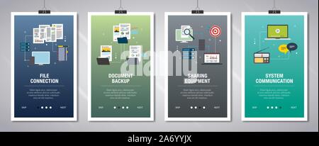 Vector set de bannières web vertical avec connexion de fichier, sauvegarde de documents, le partage de matériel et système de communication. Modèle de page de scénario pour websi Illustration de Vecteur