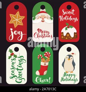 Vente d'hiver avec des étiquettes traditionnelles de Noël Noël drôle caractères. Illustration de Vecteur