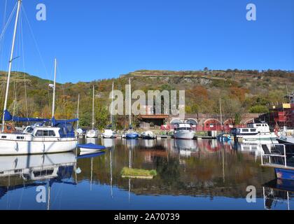 Assortiment de yachts et bateaux dans le port de bowling à l'entrée de la Forth and Clyde canal, Écosse, Royaume-Uni, Europe Banque D'Images