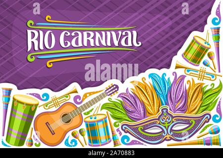 Carte de souhaits pour vecteur Carnaval de Rio avec copie espace, illustration of colorful masque de Venise, de la batterie avec les pilons, mise en page de carnaval à Rio de Ja Illustration de Vecteur