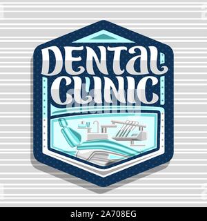 Logo Vector pour clinique dentaire, signer avec illustration de dentiste moderne avec du cabinet dentaire et de dentisterie chaise vide, instruments de la brosse d'origine lett Illustration de Vecteur