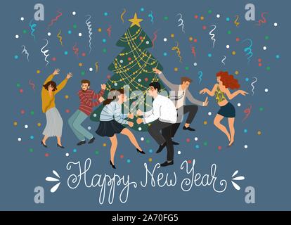Les gens danser à l'arbre de Noël une partie de l'entreprise. Carte de souhaits avec une compagnie d'amis pour célébrer la nouvelle année. Télévision vecteur mignon Illustration de Vecteur