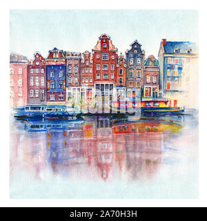 Aquarelle d'Amsterdam maisons typiques avec leurs réflexions en canal, Hollande, Pays-Bas Banque D'Images