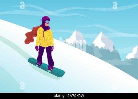 Woman riding snowboard bas de la colline, le paysage de montagne. Bénéficiant d'hiver à l'extérieur. Télévision stock style vector illustration Illustration de Vecteur