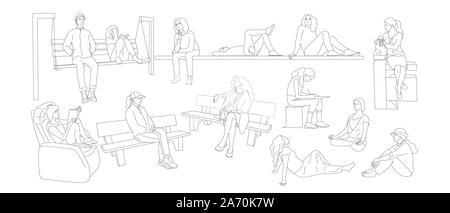 Ensemble de gens assis. Ensemble de la femme assise sur l'herbe, des bancs. Isolé sur fond blanc. Télévision cartoon style vector stock Illustration de Vecteur