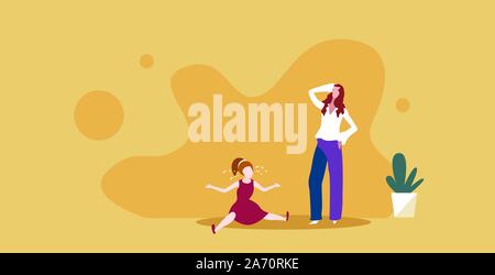 Souligné épuisé mère fille pleurer avec peu de problèmes de planning familial Dépression concept family déprimé contrarié maman fatiguée de coquin enfant difficile toute la longueur horizontale croquis vector illustration Illustration de Vecteur