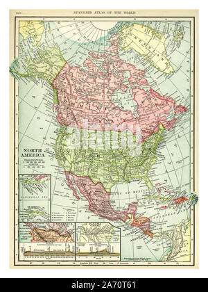 Vintage 1906 Carte de l'Amérique du Nord. Pays inclus sur ce site sont : Canada, Groenland, États-Unis, Mexique, Guatemala, Honduras, Nicaragua, Costa Rica, Cuba et Haïti. C. S. Hammond la carte imprimée et publiée en 1906. Banque D'Images