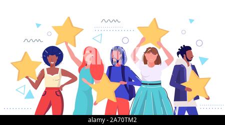 Mélanger la race des gens aux stars examen Évaluation des clients satisfaction des clients concept niveau hommes femmes ensemble permanent portrait croquis illustration vecteur horizontal Illustration de Vecteur