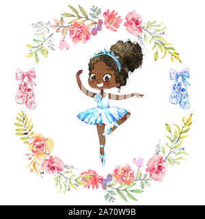 Aquarelle African American ballerine. Ballet Girl entouré de couronne de fleurs. Ballerine Wearing Blue Tutu. Petit Enfant Formation pose élégante Banque D'Images