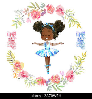 Danse aquarelle African American ballerine. Ballet Girl Surrounded by floral Frame et chaussures de ballet. Ballerine portant robe bleue. Peu élégant Banque D'Images