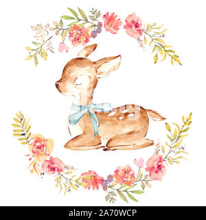 Aquarelle mignon bébé chevreuil entouré de fleurs rose guirlande. Plus de blanc. Dormir Bébé chevreuil avec le ruban bleu. Isolées. Imprimer pour bébé pépinière Banque D'Images