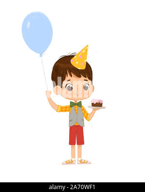 Illustration d'une chevelure sombre Boy wearing Birthday Hat heureusement sauter, Holding Birthday Cake et ballon. Carte d'anniversaire invitation Character Banque D'Images