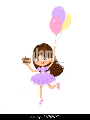 Illustration d'une chevelure sombre girl robe Lavande sauter joyeusement, Holding Birthday Cake et de ballons. Carte d'anniversaire invitation Character Banque D'Images