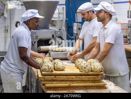 18 octobre 2019, Saxe, Dresde : Moussa duale (l) à partir de la Guinée et les boulangers Sylvio Beck (r) et Andreas Gerber (M) pétrit la pâte pour Noël stollen de Dresde dans la boulangerie. Le Christstollen de Dresde est fabriqué à la main, de près de 130 boulangeries et pâtisseries dans et autour de Dresde selon des recettes traditionnelles. Goujons seulement qui répondent aux exigences de la Stollen Protection Association peuvent porter le sceau de goujon comme un signe d'authenticité. Photo : Jens Büttner/dpa-Zentralbild/ZB Banque D'Images