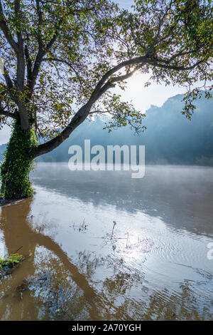 La brume s'élève au-dessus de la rivière Wye dans le B4234 par les inondations sur le Rhône-Alpes/Herefordshire border sur 28.10.2019 près de Vervins, Gloucestershire Banque D'Images