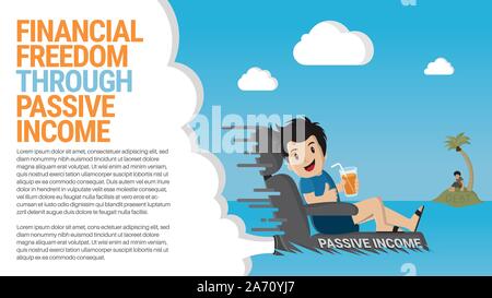 La liberté financière grâce à des revenus passifs télévision cartoon vector d'homme heureux sur speedy fauteuil inclinable et un autre homme échoué sur l'île de la dette. Illustration de Vecteur