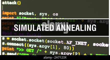 Le recuit simulé de rédiger du texte sur les codes de programmation résumé technologie historique de concepteur de logiciel et l'ordinateur d'un script. Le recuit simulé con Banque D'Images