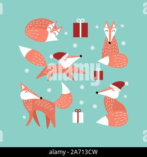 Jeu de Noël avec les renards orange présente et flocons isolé sur fond vert. Les animaux forestiers de fête dans un style scandinave. Illustration de Vecteur