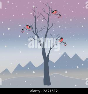 Arbre d'hiver avec peu de petits fruits et d'oiseaux rouge sur un fond de montagnes à froid et sombre ciel enneigé. Nature de la saison. Snowy paysage naturel. Vec Illustration de Vecteur