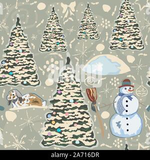 Motif d'hiver coloré décoré avec Bonhomme de neige, sapins et bunny dans la neige. Collection d'hiver. Vector Illustration Illustration de Vecteur