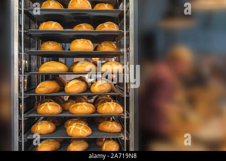 Des petits pains de pain sur le rack en métal chariot. Le plateau métallique boulangerie juste enlevé du four plein de pain blanc Banque D'Images