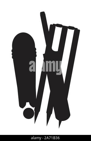 Un ensemble de souches de cricket bat and ball en silhouette noire isolé sur fond blanc Illustration de Vecteur