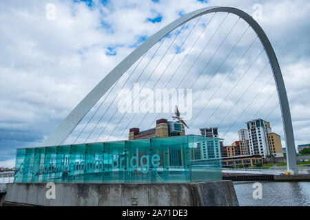 Newcastle, Royaume-Uni - 30 juin 2019 : Un goélands vole à basse altitude à proximité du Gateshead Millennium Bridge à Newcastle Quayside. La mer Baltique Ce Banque D'Images