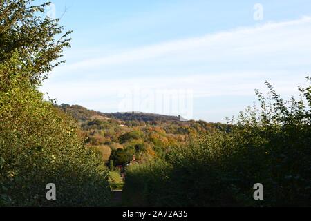 Sur la partie nord des bas au-dessus de Shoreham, dans le Kent, à l'ensemble de la vallée de l'Meenfield Darent Woods à l'automne sur une journée claire Banque D'Images