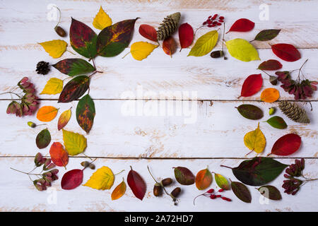 Couronne d'automne avec les glands, feuilles colorées, les cônes de pin et de sapin cadre sur le fond en bois peint blanc rustique Banque D'Images