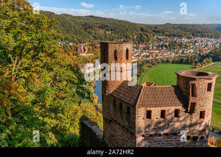 Sur le château Schadeck vers Neckarsteinach au Neckar River près de Heidelberg Banque D'Images