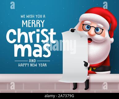 Noël le père noël vector character design arrière-plan. Père Noël assis et la tenue de la liste de souhaits de Noël blanc vide papier avec joyeux Noël. Illustration de Vecteur