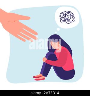 La main de l'aide. Triste femme seule dans la dépression. Trouble anxieux. Ligne malpropre fou. Concept de l'aide de vecteur. Les lignes en désordre fille stressant Illustration de Vecteur