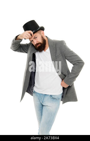 Sans compromettre le style. Mode homme en style rétro. Hipster branchée avec moustache et barbe en style casual wearing vintage hat. Bearded man in black hat dans un style classique. Banque D'Images