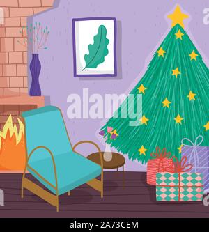 Accueil de l'arbre de Noël avec des étoiles cadeaux président et cheminée photo vector illustration Illustration de Vecteur