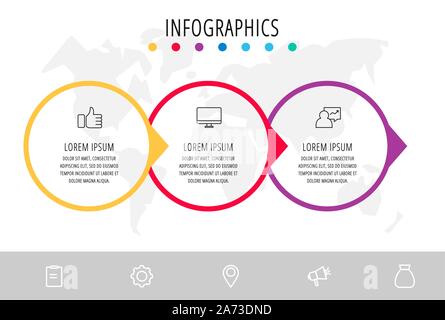 Infographie vecteur modèle plat. Cercles avec flèche de trois diagrammes, graphique, organigramme, timeline, marketing, présentation. Concept d'affaires avec 3 Illustration de Vecteur